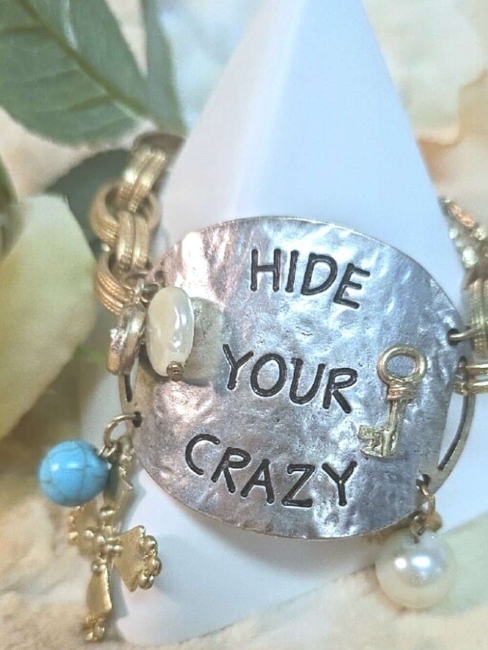 Hide Your Crazy Silver & Gold Tone Bracelet w/ Faux Pearls and Turquoise Charms